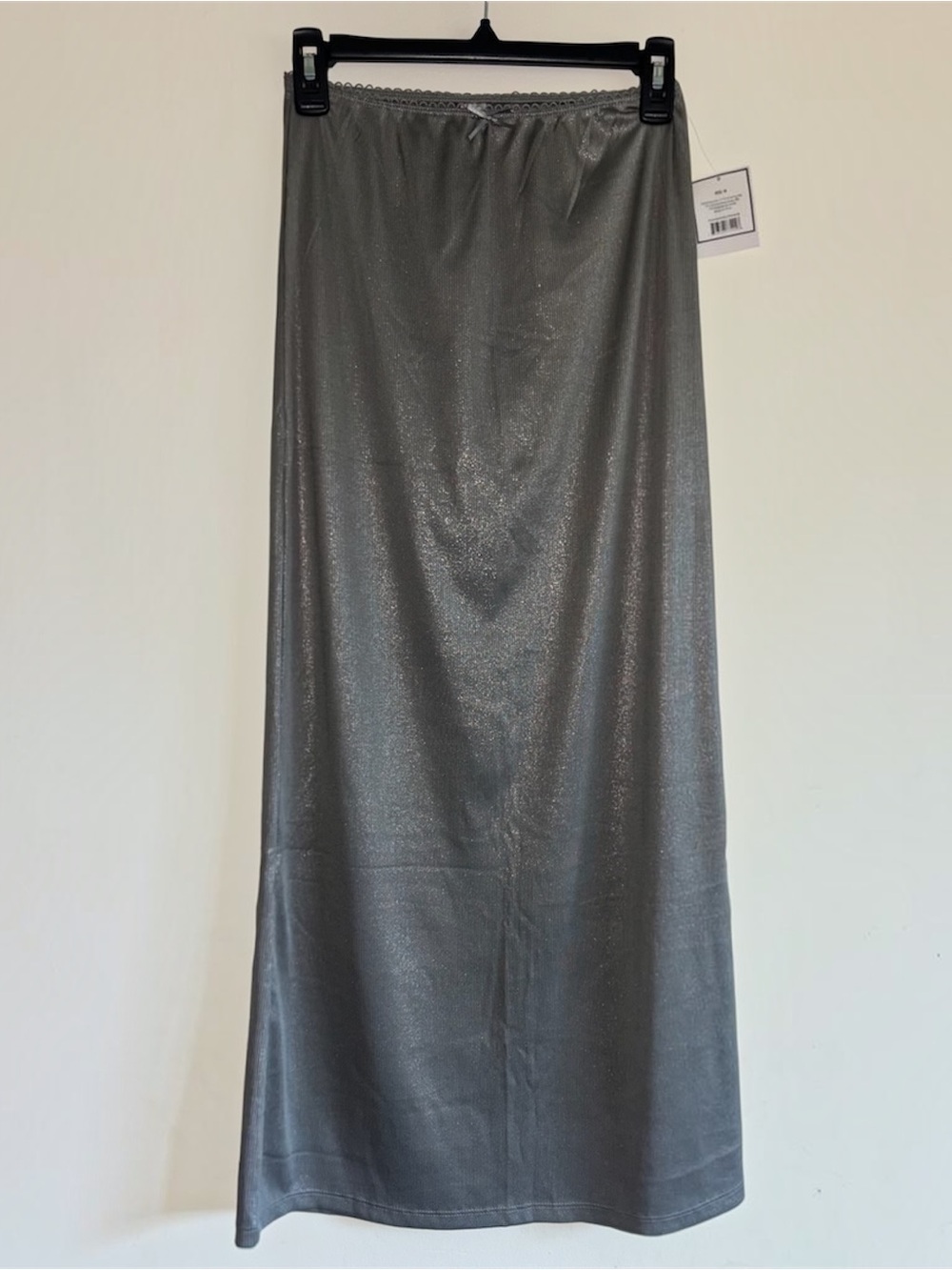 NWT 5B Style Silver Metallic Maxi Skirt Women’s M Y2K with Side Slit & Bow